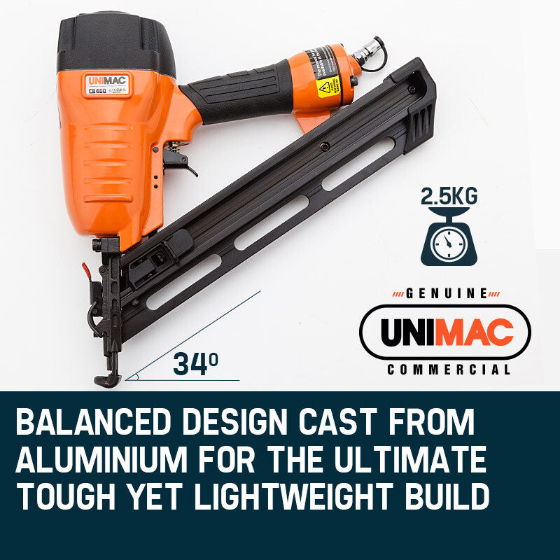 A bright orange 15 gauge UNIMAC Finishing Air Nail Gun - Heavy Duty Angled Nailer Pneumatic Finish with a black handle and a long quick-load magazine. The tool's body features ergonomic grips and a visible brand label. The nail gun is positioned against a plain white background.