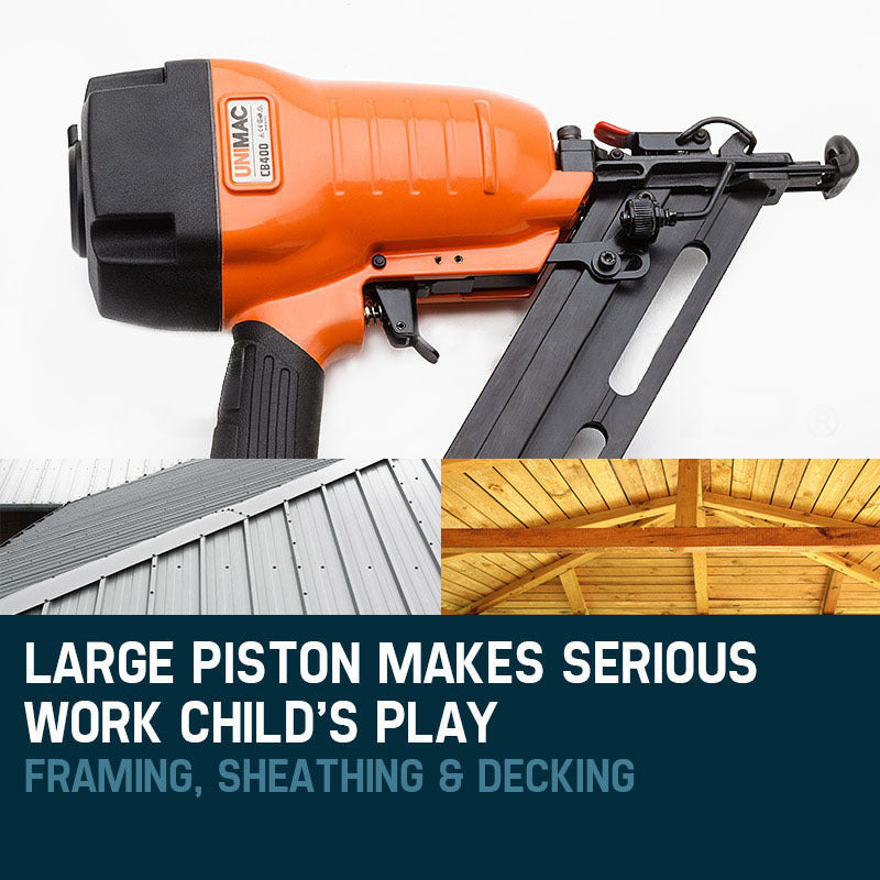 A bright orange 15 gauge UNIMAC Finishing Air Nail Gun - Heavy Duty Angled Nailer Pneumatic Finish with a black handle and a long quick-load magazine. The tool's body features ergonomic grips and a visible brand label. The nail gun is positioned against a plain white background.