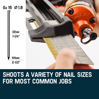 A bright orange 15 gauge UNIMAC Finishing Air Nail Gun - Heavy Duty Angled Nailer Pneumatic Finish with a black handle and a long quick-load magazine. The tool's body features ergonomic grips and a visible brand label. The nail gun is positioned against a plain white background.