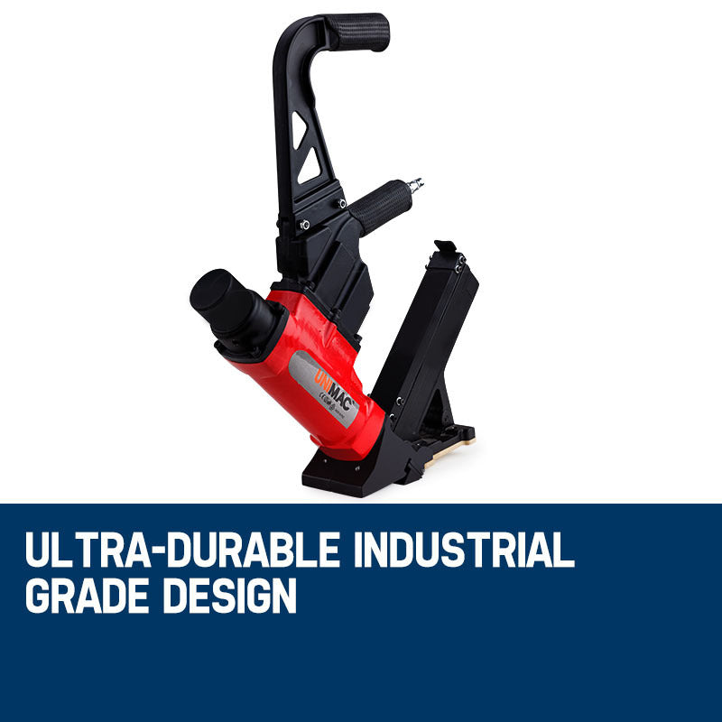 A red and black UNIMAC Pneumatic Flooring Nailer Staple Gun Floor Gas Nail Cleat Stapler with a black handle featuring a cushioned grip. The sleek pneumatic nailer has a magazine for nails attached at an angle and is perfect for hardwood flooring. The base is equipped with a footplate for stability during use.
