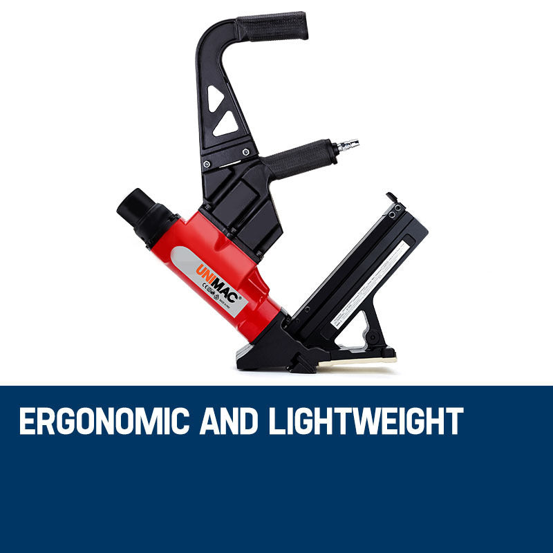 A red and black UNIMAC Pneumatic Flooring Nailer Staple Gun Floor Gas Nail Cleat Stapler with a black handle featuring a cushioned grip. The sleek pneumatic nailer has a magazine for nails attached at an angle and is perfect for hardwood flooring. The base is equipped with a footplate for stability during use.
