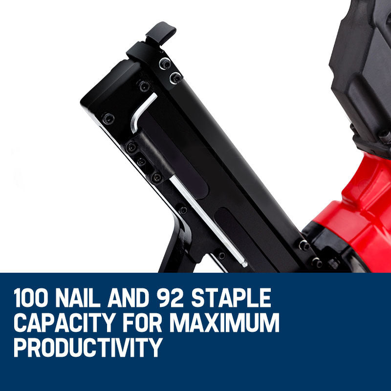 A red and black UNIMAC Pneumatic Flooring Nailer Staple Gun Floor Gas Nail Cleat Stapler with a black handle featuring a cushioned grip. The sleek pneumatic nailer has a magazine for nails attached at an angle and is perfect for hardwood flooring. The base is equipped with a footplate for stability during use.
