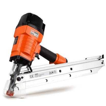 A UNIMAC Construction Framing Nail Gun - Heavy Duty Air Nailer Pneumatic with an orange body and black handle, branded UNIMAC, model CB500. It features a quick-load magazine for holding nails, allowing for efficient operation. The tool is positioned at an angle, showcasing its design and automatic nailing technology.