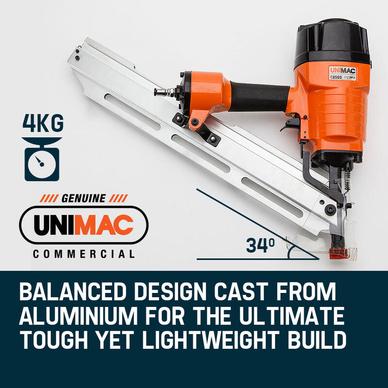 A UNIMAC Construction Framing Nail Gun - Heavy Duty Air Nailer Pneumatic with an orange body and black handle, branded UNIMAC, model CB500. It features a quick-load magazine for holding nails, allowing for efficient operation. The tool is positioned at an angle, showcasing its design and automatic nailing technology.