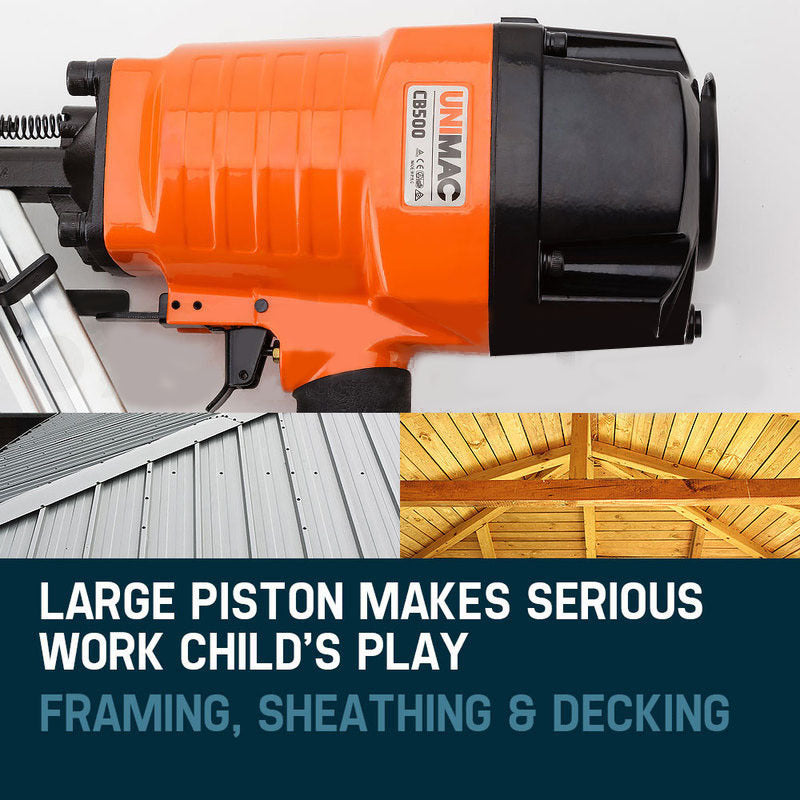 A UNIMAC Construction Framing Nail Gun - Heavy Duty Air Nailer Pneumatic with an orange body and black handle, branded UNIMAC, model CB500. It features a quick-load magazine for holding nails, allowing for efficient operation. The tool is positioned at an angle, showcasing its design and automatic nailing technology.