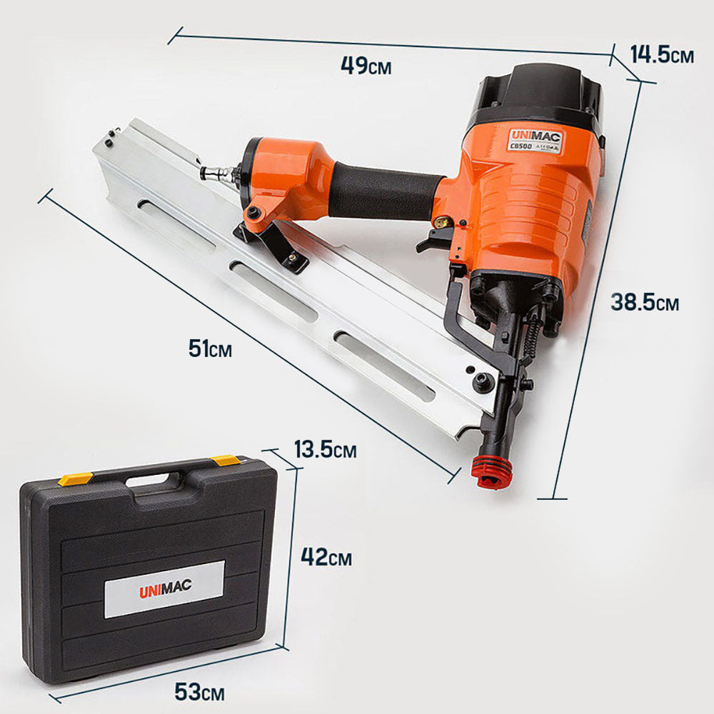 A UNIMAC Construction Framing Nail Gun - Heavy Duty Air Nailer Pneumatic with an orange body and black handle, branded UNIMAC, model CB500. It features a quick-load magazine for holding nails, allowing for efficient operation. The tool is positioned at an angle, showcasing its design and automatic nailing technology.