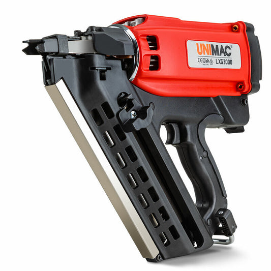 An angled cordless 34° framing nailer with a black and red body features a handle grip, trigger, and nail magazine. The sleek design proudly displays the brand "UNIMAC Cordless Framing Nailer 34 Degree Gas Nail Gun Portable Battery Charger" on the side, making it an essential gas framing nailer for any professional.