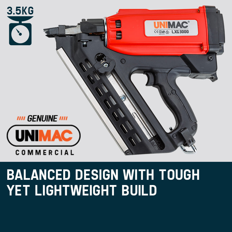 An angled cordless 34° framing nailer with a black and red body features a handle grip, trigger, and nail magazine. The sleek design proudly displays the brand "UNIMAC Cordless Framing Nailer 34 Degree Gas Nail Gun Portable Battery Charger" on the side, making it an essential gas framing nailer for any professional.