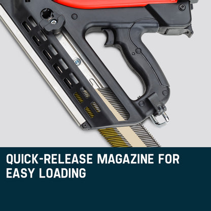 An angled cordless 34° framing nailer with a black and red body features a handle grip, trigger, and nail magazine. The sleek design proudly displays the brand "UNIMAC Cordless Framing Nailer 34 Degree Gas Nail Gun Portable Battery Charger" on the side, making it an essential gas framing nailer for any professional.