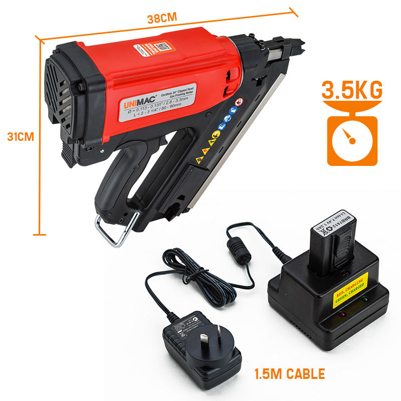 An angled cordless 34° framing nailer with a black and red body features a handle grip, trigger, and nail magazine. The sleek design proudly displays the brand "UNIMAC Cordless Framing Nailer 34 Degree Gas Nail Gun Portable Battery Charger" on the side, making it an essential gas framing nailer for any professional.