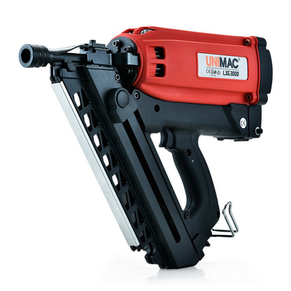 A commercial grade nailer, the UNIMAC Cordless Framing Nailer 34 Degree Gas Nail Gun Kit - 2nd Gen Brushless features a red top and black handle. Equipped with a side magazine for nails and a trigger handle, this gas framing nailer is positioned against a white background, showcasing its robust design.