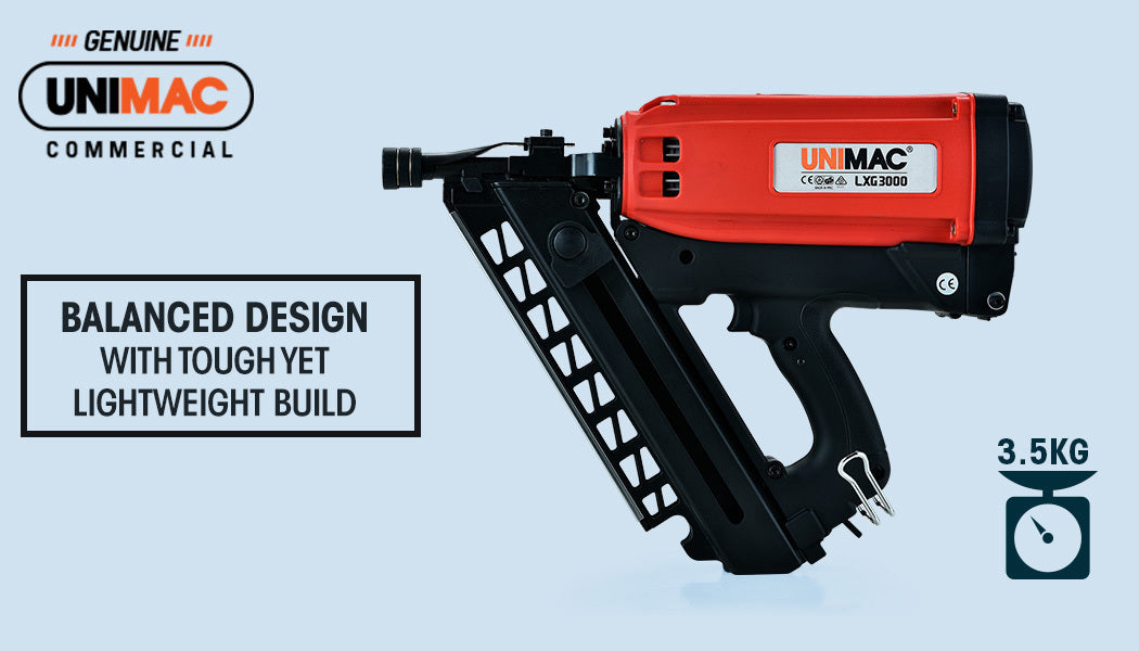 A commercial grade nailer, the UNIMAC Cordless Framing Nailer 34 Degree Gas Nail Gun Kit - 2nd Gen Brushless features a red top and black handle. Equipped with a side magazine for nails and a trigger handle, this gas framing nailer is positioned against a white background, showcasing its robust design.