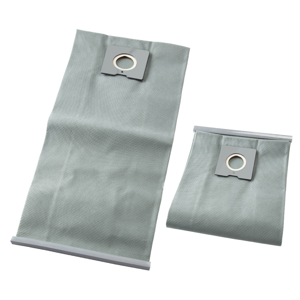 Two gray UNIMAC 5x 30L Wet & Dry Vacuum Cleaner Paper Filter bags Dust Replacement, one folded and the other unfolded, lie side by side on a white background. Each bag features a circular plastic attachment point for secure connection to a 30L wet/dry vacuum, making cleanup easier.