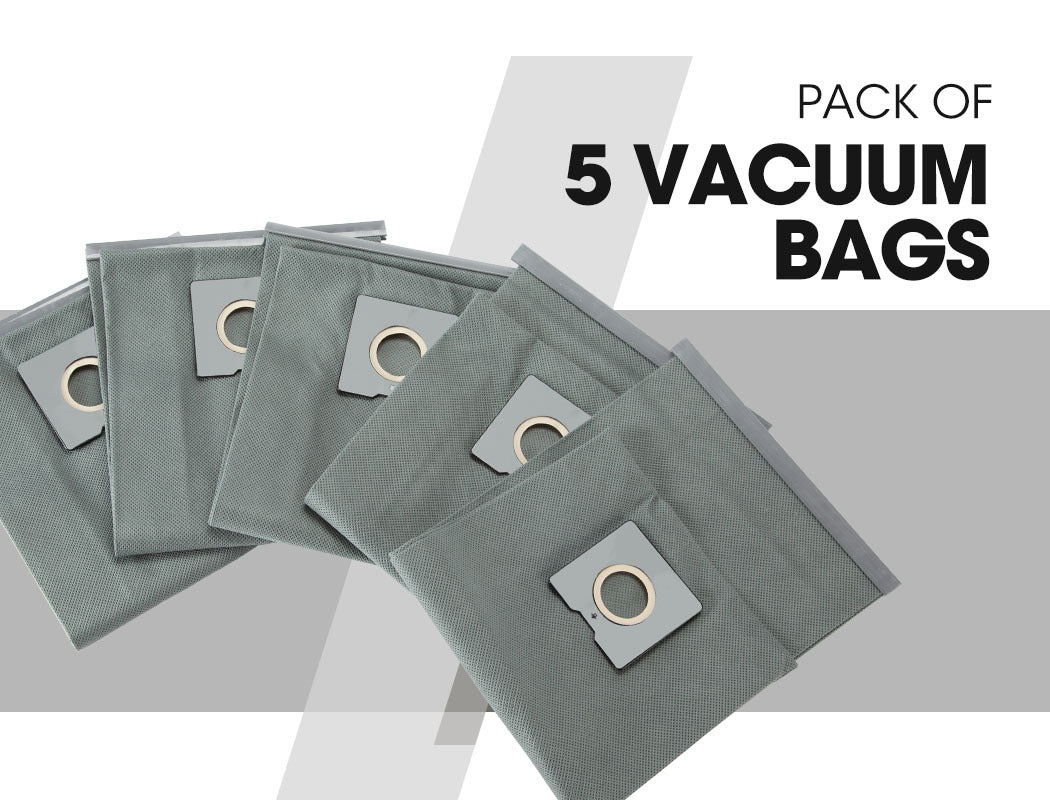 Two gray UNIMAC 5x 30L Wet & Dry Vacuum Cleaner Paper Filter bags Dust Replacement, one folded and the other unfolded, lie side by side on a white background. Each bag features a circular plastic attachment point for secure connection to a 30L wet/dry vacuum, making cleanup easier.