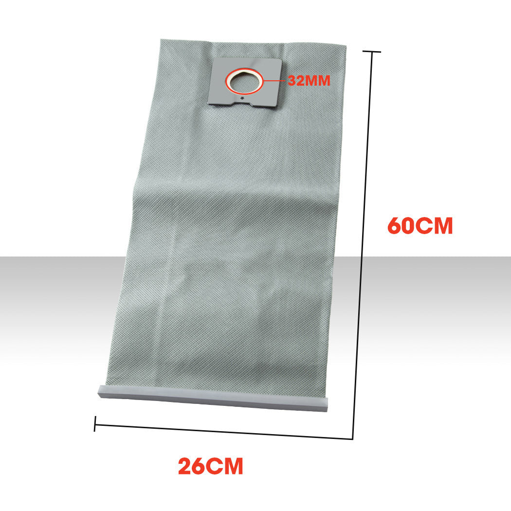 Two gray UNIMAC 5x 30L Wet & Dry Vacuum Cleaner Paper Filter bags Dust Replacement, one folded and the other unfolded, lie side by side on a white background. Each bag features a circular plastic attachment point for secure connection to a 30L wet/dry vacuum, making cleanup easier.