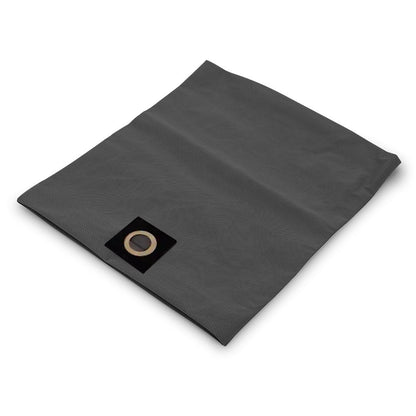 A folded, dark grey cloth with a small, black square patch featuring a circular symbol in the center. The cloth appears textured and neatly arranged, with the patch positioned towards one corner. Ideal for use alongside UNIMAC 60L Wet & Dry Vacuum Cleaner - 5x Paper Filter bags Dust Replacement for optimal convenience.