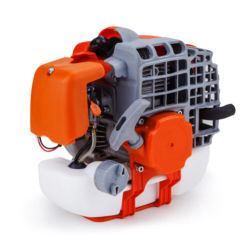 A close-up view of a compact, orange and gray commercial-grade two-stroke engine, ideal for outdoor power equipment like lawn mowers or post hole diggers. Featuring a visible fuel tank, air filter cover, and recoil starter handle, this versatile engine is also compatible as a Baumr-AG Engine for Post Hole Digger Replacement Earth Auger Borer.