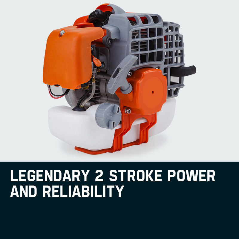 A close-up view of a compact, orange and gray commercial-grade two-stroke engine, ideal for outdoor power equipment like lawn mowers or post hole diggers. Featuring a visible fuel tank, air filter cover, and recoil starter handle, this versatile engine is also compatible as a Baumr-AG Engine for Post Hole Digger Replacement Earth Auger Borer.