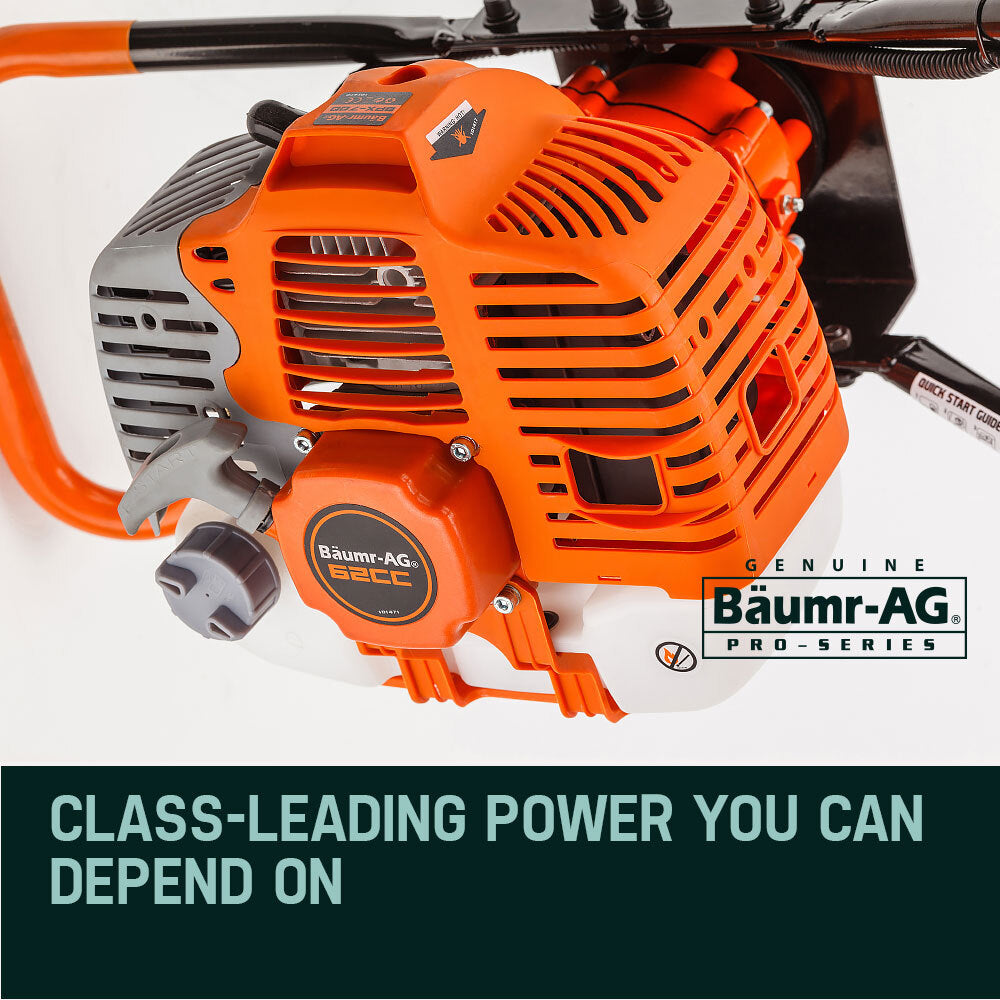 Close-up view of an orange and white Baumr-AG Post Hole Digger 62CC Posthole Earth Auger Fence Borer Petrol Drill Bit. The machine features a robust and ergonomic design. Text at the bottom reads "CLASS-LEADING POWER YOU CAN DEPEND ON." and the logo says "GENUINE Bäumer-AG PRO-SERIES.