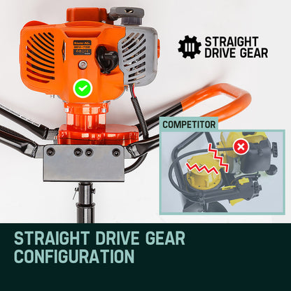 Close-up view of an orange and white Baumr-AG Post Hole Digger 62CC Posthole Earth Auger Fence Borer Petrol Drill Bit. The machine features a robust and ergonomic design. Text at the bottom reads "CLASS-LEADING POWER YOU CAN DEPEND ON." and the logo says "GENUINE Bäumer-AG PRO-SERIES.