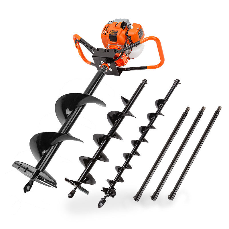 Image of the Baumr-AG Post Hole Digger 75CC Posthole Earth Auger Fence Borer Petrol Drill Bit, a heavy-duty orange and black commercial grade digger with multiple detachable auger bits and extensions arranged in front. The machine has a cylindrical handle and a powerful motor at the top. Various sizes of auger bits are displayed for different post hole digging needs.