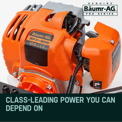 Image of the Baumr-AG Post Hole Digger 75CC Posthole Earth Auger Fence Borer Petrol Drill Bit, a heavy-duty orange and black commercial grade digger with multiple detachable auger bits and extensions arranged in front. The machine has a cylindrical handle and a powerful motor at the top. Various sizes of auger bits are displayed for different post hole digging needs.