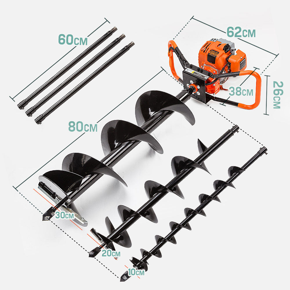 Image of the Baumr-AG Post Hole Digger 75CC Posthole Earth Auger Fence Borer Petrol Drill Bit, a heavy-duty orange and black commercial grade digger with multiple detachable auger bits and extensions arranged in front. The machine has a cylindrical handle and a powerful motor at the top. Various sizes of auger bits are displayed for different post hole digging needs.