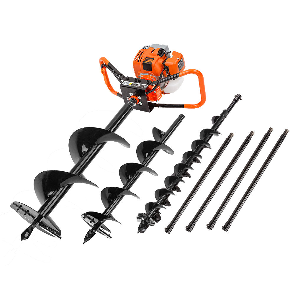 A bright orange, heavy-duty Baumr-AG Post Hole Digger 88CC Posthole Earth Auger Fence Borer Petrol Drill Bit with a black auger bit attached, displayed alongside four additional black auger bits of various sizes. This 88cc Pro-Series equipment is arranged on a clean, white background.