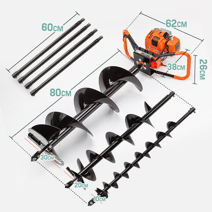 A bright orange, heavy-duty Baumr-AG Post Hole Digger 88CC Posthole Earth Auger Fence Borer Petrol Drill Bit with a black auger bit attached, displayed alongside four additional black auger bits of various sizes. This 88cc Pro-Series equipment is arranged on a clean, white background.