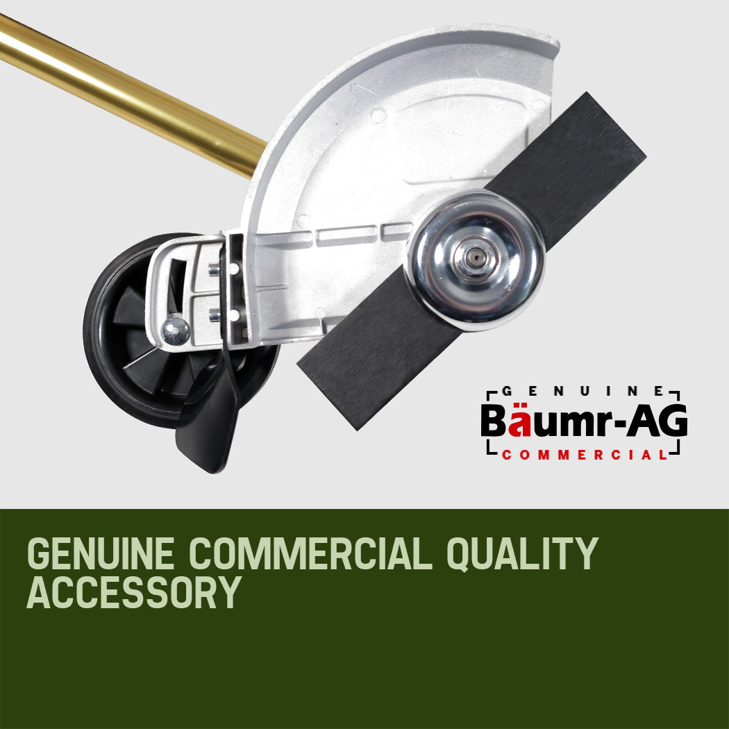 A close-up image of the Baumr-AG Grass Edger Attachment Pole Garden Trimmer Brushcutter Lawn Edge, a garden tool accessory. The metal shaft is made of anodised alloy in a gold-colored finish, while the cutting mechanism includes a black blade with a silver guard and a black and silver wheel underneath for precise edging along lawns and garden beds.