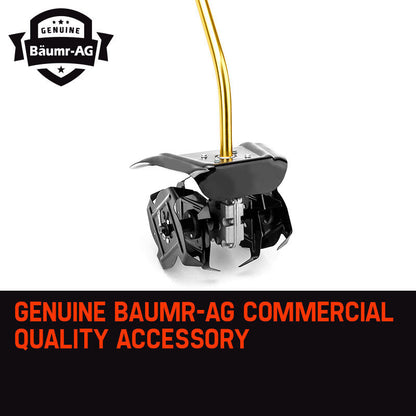 A sleek, modern Baumr-AG Tiller Pole Attachment Rotary Hoe Cultivator Commercial Multi Extension in black and gold features a metal rod handle with sharp, closely spaced tines for soil aeration. This gardening tool is perfect for tilling soil and is shown isolated on a white background.