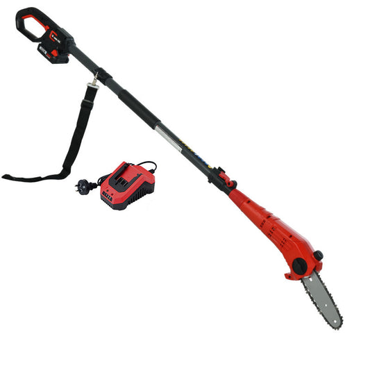 Image of a red and black cordless electric pole saw, the Baumr-AG 20V Lithium-Ion Pole Chainsaw Tool Cordless Battery Electric Saw Pruner, with an extendable handle, shoulder strap, and an attached chainsaw blade with auto-oil-lubrication. The cordless garden tool is accompanied by a red and black battery charger with a power cord.