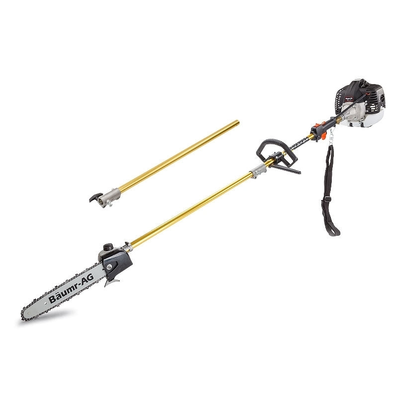 Image of a Baumr-AG 65CC Petrol Pole Chainsaw Chain Saw Pruner Pro Arbor Tree Tool Cutter. This pruning tool features a long yellow pole with a saw attached to the end, powered by a robust 65CC engine. It includes a black handle and shoulder strap, ideal for cutting high branches efficiently.