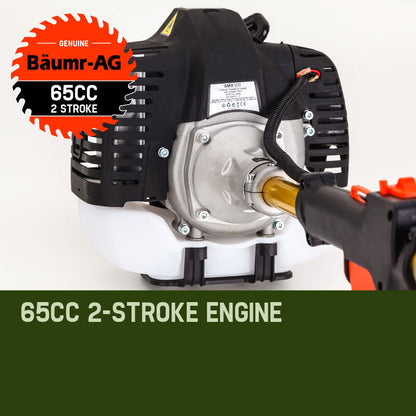 Image of a Baumr-AG 65CC Petrol Pole Chainsaw Chain Saw Pruner Pro Arbor Tree Tool Cutter. This pruning tool features a long yellow pole with a saw attached to the end, powered by a robust 65CC engine. It includes a black handle and shoulder strap, ideal for cutting high branches efficiently.