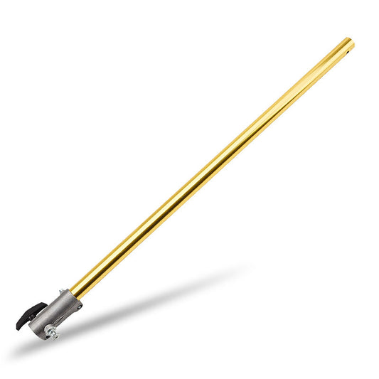 A yellow pole with a metal attachment at one end, featuring a black adjustable lever. This Baumr-AG Brush Cutter Brushcutter Extension Pole Tool Replacement Parts Attachment, designed for use in a tool or equipment, possibly for extending or adjusting its length, utilizes commercial alloy for durability. The background is white and shadowed for effect.