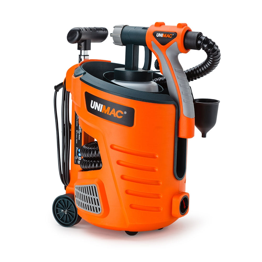 An orange and black UNIMAC 740W HVLP Electric Paint Sprayer Gun - DIY Spray Station Tool with wheels. Perfect for DIY painting, the sprayer includes a handle, hose, and various attachments. The brand name "UNIMAC" is prominently displayed in orange and white on the main body.