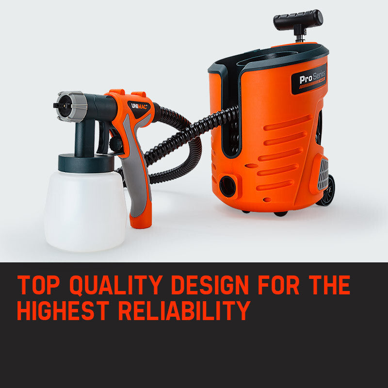 An orange and black UNIMAC 740W HVLP Electric Paint Sprayer Gun - DIY Spray Station Tool with wheels. Perfect for DIY painting, the sprayer includes a handle, hose, and various attachments. The brand name "UNIMAC" is prominently displayed in orange and white on the main body.