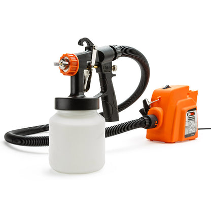 An orange and black UNIMAC 3-Way Nozzle Electric Paint Sprayer Gun HVLP DIY Spray Station 450W with a detachable nozzle and a long, flexible hose connected to a white container. The orange motor unit features a handle, control buttons, and ensures high material transfer efficiency through low-pressure spraying.