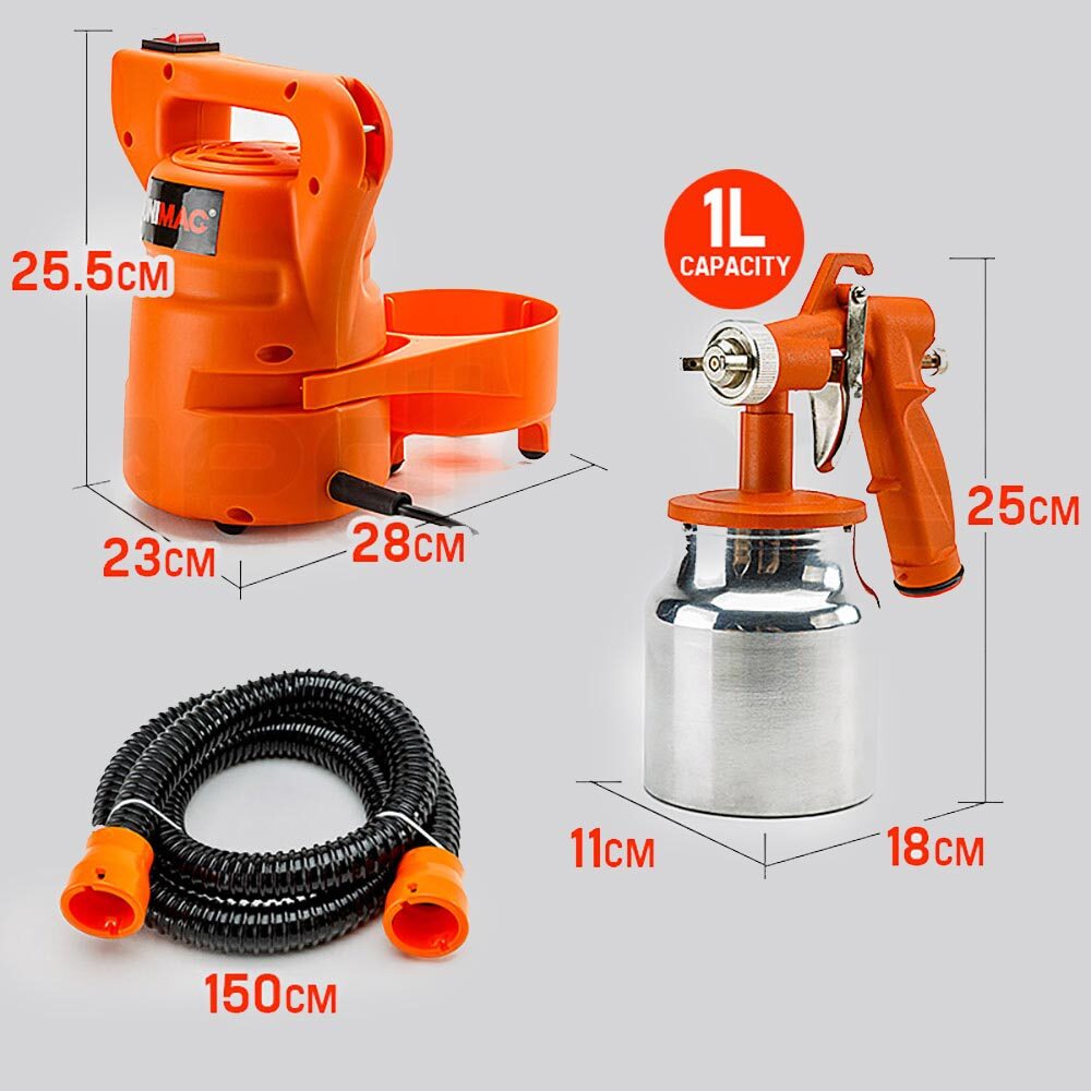 An UNIMAC Electric Paint Sprayer Gun DIY 450W HVLP Portable Spray Station with a handheld spray gun, connected by a flexible black hose to a compact main unit. The HVLP Spray Station offers high material transfer efficiency and low pressure spraying. The main unit has a carrying handle and features a silver canister attached to the spray gun. Displayed on a white background.