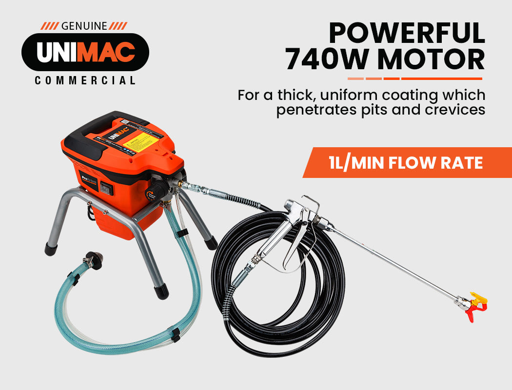 The Unimac 740W Electric Airless Paint Sprayer Portable High Pressure Station Spray Gun, featuring an orange and black main unit on metal legs, is ideal for paint renovating projects. It boasts a 740W airless system attached to a hose and spray gun, with another coiled hose, all set against a white background.