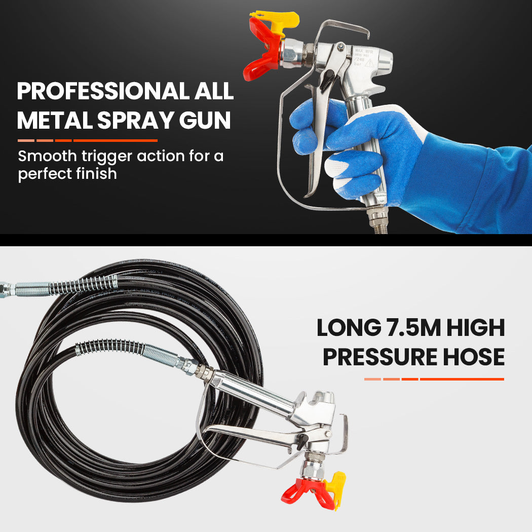 The Unimac 740W Electric Airless Paint Sprayer Portable High Pressure Station Spray Gun, featuring an orange and black main unit on metal legs, is ideal for paint renovating projects. It boasts a 740W airless system attached to a hose and spray gun, with another coiled hose, all set against a white background.