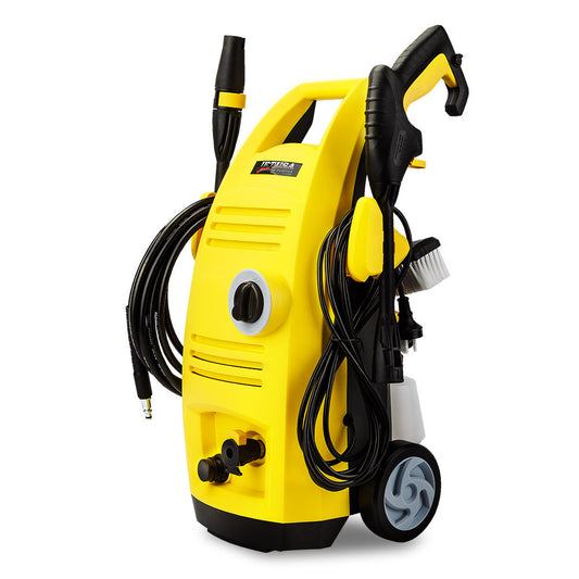 A yellow JET-USA 2100 PSI Electric High Pressure Cleaner Washer Gurney Water Pump Hose with black handles and various attachments, including lances, hoses, a cleaning brush, and a detergent bottle. The unit has wheels for mobility and a front-facing dial for easy adjustments.