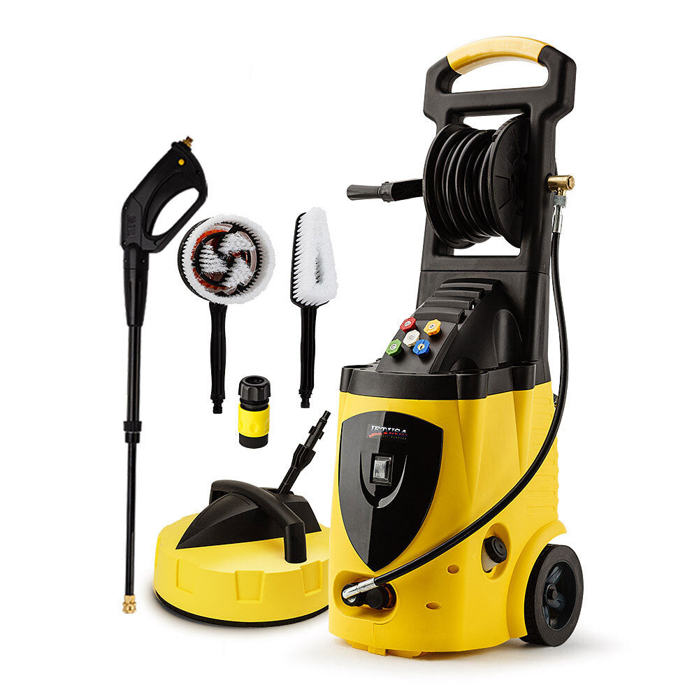 A high PSI yellow and black JET-USA 3500 PSI High Pressure Washer Electric Water Cleaner Gurney Pump Hose with various attachments, including a spray gun, spinning brush, standard brush, pressure hose, and detergent bottle. The JET-USA 3500 PSI High Pressure Washer Electric Water Cleaner Gurney Pump Hose boasts impressive cleaning power with wheels for mobility and an integrated hose reel.