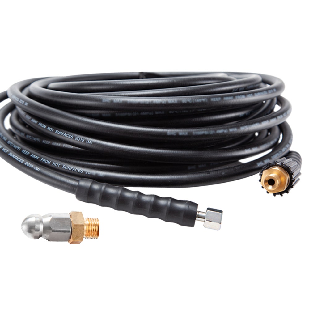 A black extension hose coiled up with metal connectors at both ends is shown. The text next to the hose reads: "Jet-USA 20M Petrol Pressure Washer Hose Extension with Drain Cleaner Nozzle Accessory Pack" and "To get the job done with ease" in a bold and regular font respectively.