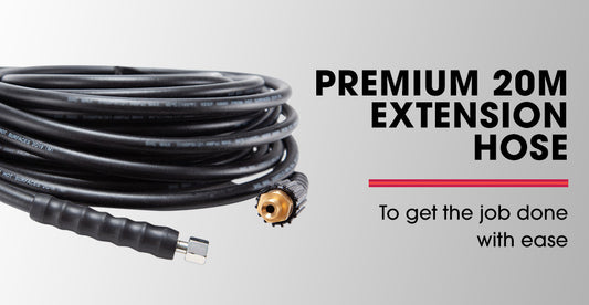 A black extension hose coiled up with metal connectors at both ends is shown. The text next to the hose reads: "Jet-USA 20M Petrol Pressure Washer Hose Extension with Drain Cleaner Nozzle Accessory Pack" and "To get the job done with ease" in a bold and regular font respectively.