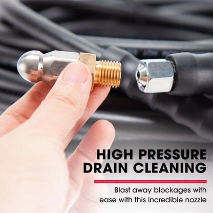 A black extension hose coiled up with metal connectors at both ends is shown. The text next to the hose reads: "Jet-USA 20M Petrol Pressure Washer Hose Extension with Drain Cleaner Nozzle Accessory Pack" and "To get the job done with ease" in a bold and regular font respectively.