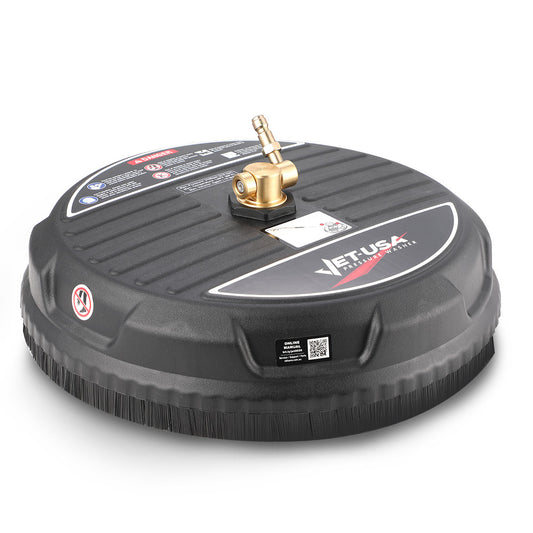 A round, black Jet-USA 15" Nylon Pressure Washer Surface Cleaner, 1/4" Fitting, For Concrete Driveway Patio Floor with a brass nozzle attachment labeled "MT: USA Professional" on the top. The 3100 PSI cleaner has ridged and smooth textures with multiple warning stickers, including a no-hand symbol for safety precautions.