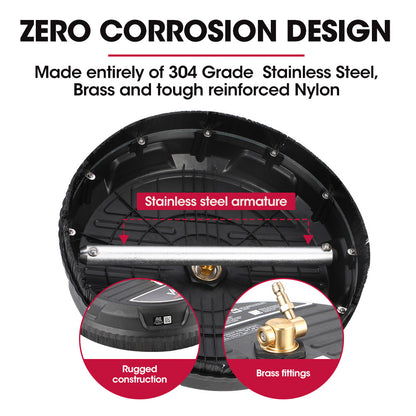 A round, black Jet-USA 15" Nylon Pressure Washer Surface Cleaner, 1/4" Fitting, For Concrete Driveway Patio Floor with a brass nozzle attachment labeled "MT: USA Professional" on the top. The 3100 PSI cleaner has ridged and smooth textures with multiple warning stickers, including a no-hand symbol for safety precautions.