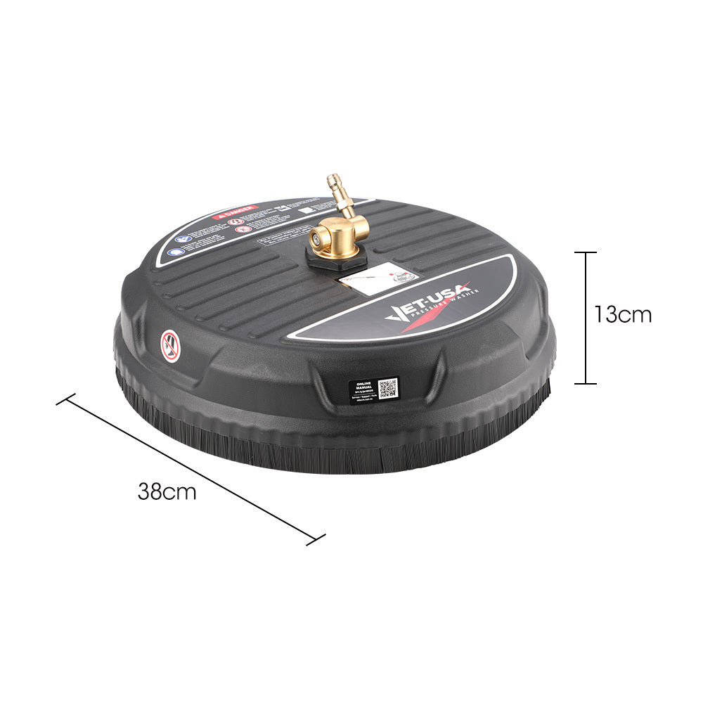 A round, black Jet-USA 15" Nylon Pressure Washer Surface Cleaner, 1/4" Fitting, For Concrete Driveway Patio Floor with a brass nozzle attachment labeled "MT: USA Professional" on the top. The 3100 PSI cleaner has ridged and smooth textures with multiple warning stickers, including a no-hand symbol for safety precautions.