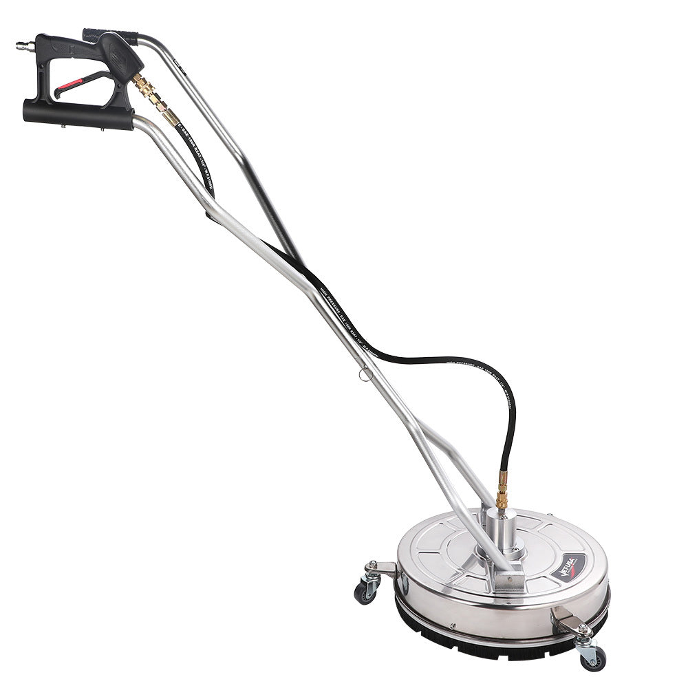 A Jet-USA 18" Stainless Steel Pressure Washer Surface Cleaner with Yoke Handlebar, 3/8" Fitting, For Concrete Driveway Patio Floor with a round silver base, black handle, and two long, curved metal arms attached. The handle has a black grip connected to a black hose. The base has three small wheels for mobility, making this Jet-USA 18" Stainless Steel Pressure Washer Surface Cleaner with Yoke Handlebar, 3/8" Fitting, For Concrete Driveway Patio Floor an efficient cleaning tool.